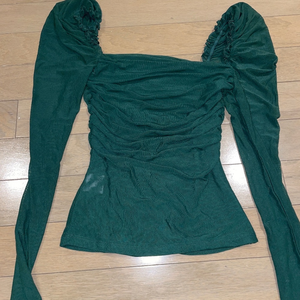 Green mesh sheer ruched square neck top